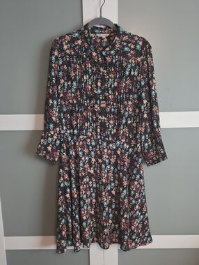 Nanette Lepore Black Floral Long Sleeve Midi Dress with Pink & Blue Flowers